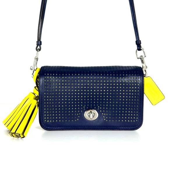 COACH Legacy Penny Blue Perforated Crossbody With Turnlock and Yellow Tassels - Picture 6 of 10